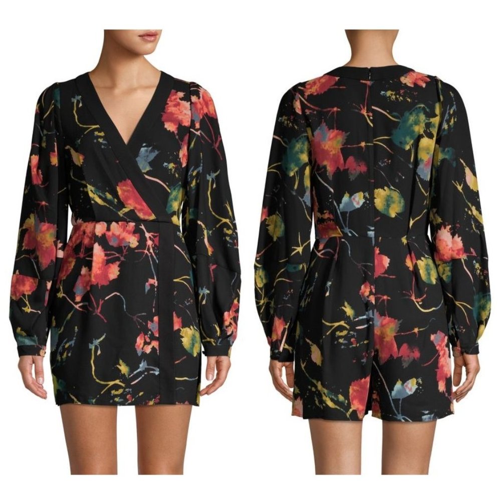 BCBGMaxAzria Black Floral Print Long-Sleeve Romper